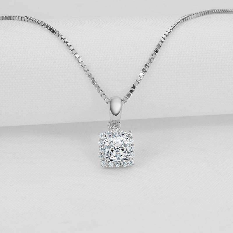 Delphine .5CT Princess Cut Halo OB Simulated Diamond Solitaire Pendant for Women Bridal Engagement Wedding Anniversary Gift