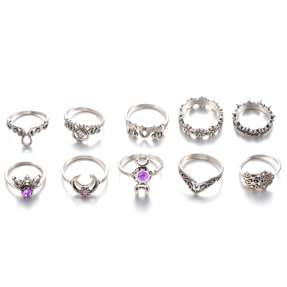 Purple Reign Boho Midi-Knuckle Rings Set of 10