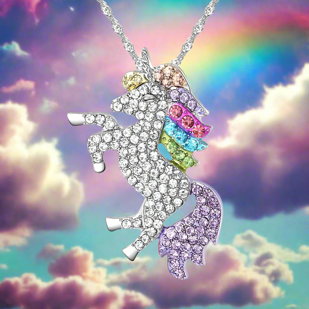 14K White Gold Plated Rainbow Crystal Unicorn Shine Necklace 18 Inch Twisted Chain for Woman or Teen Special Occasion