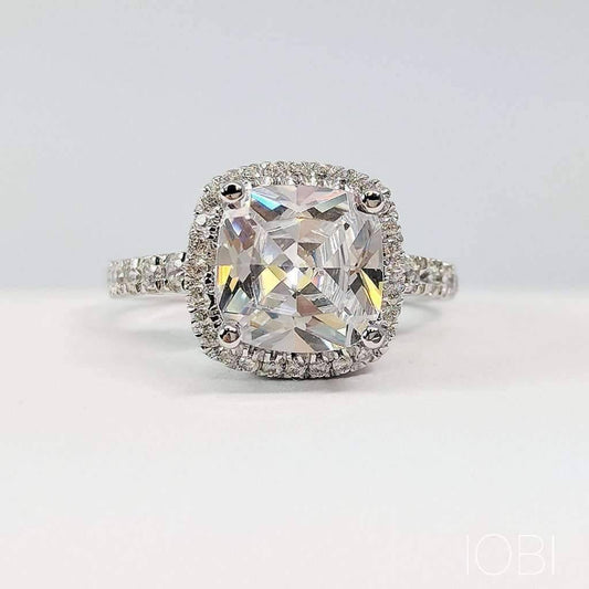 Regina 3CT Cushion Cut Halo OB Simulated Diamond Sterling Silver Platinum Plated Ring for Woman Bridal Engagement Wedding
