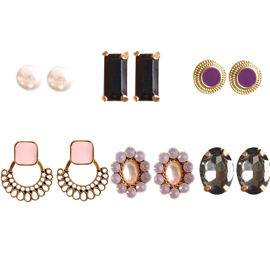 ON SALE - Mix & Match Six Piece Stud Earring Ensemble Black - Pink