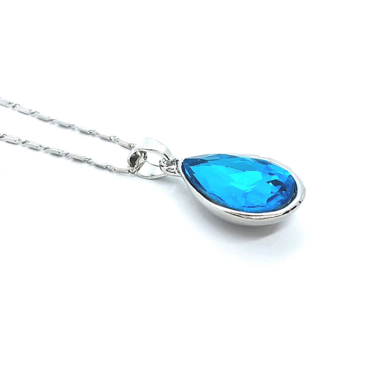Aqua Dew Drop 12 Carat IOBI Crystal Tear Drop Pear Shape 14K White Gold Plated Necklace For Woman