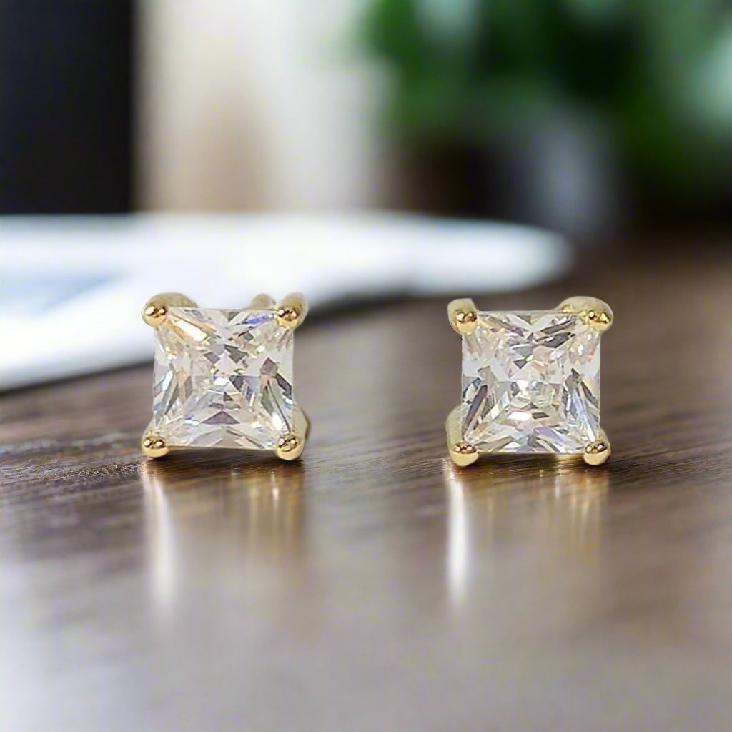 Tiara Princess Cut Simulated Diamond Solitaire Stud Earrings for Women - Platinum or 18K Gold Plated on Sterling Silver by OB