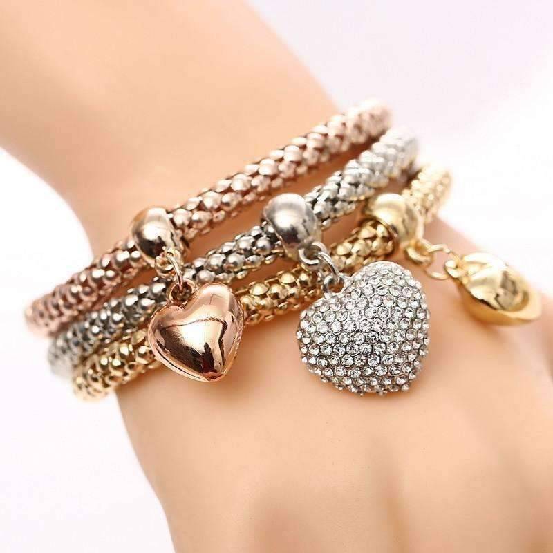 Tri-Color Austrian Crystal Heart Stretch Bracelet Set