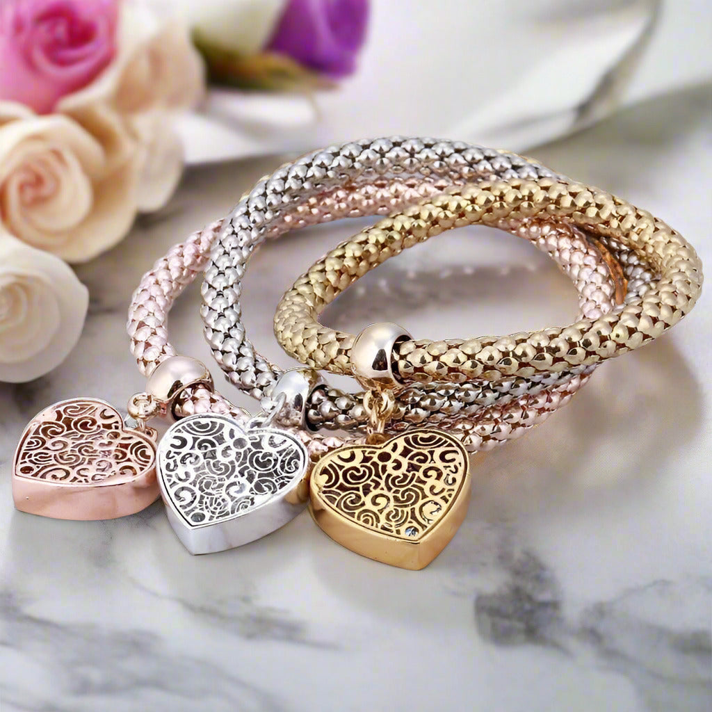 Filigree Heart Austrian Crystal Tri-Color Stretch Bracelet Set