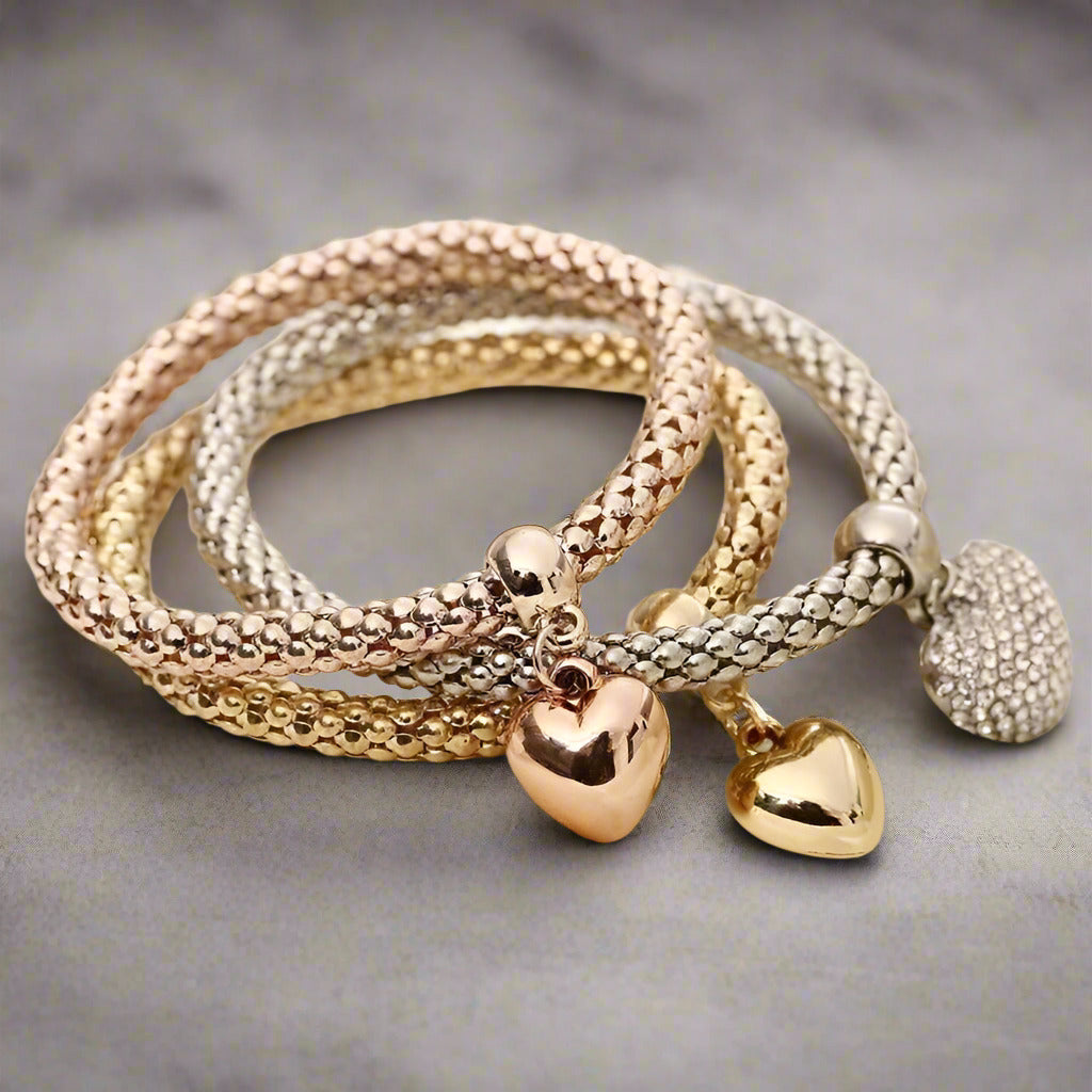 Tri-Color Austrian Crystal Heart Stretch Bracelet Set