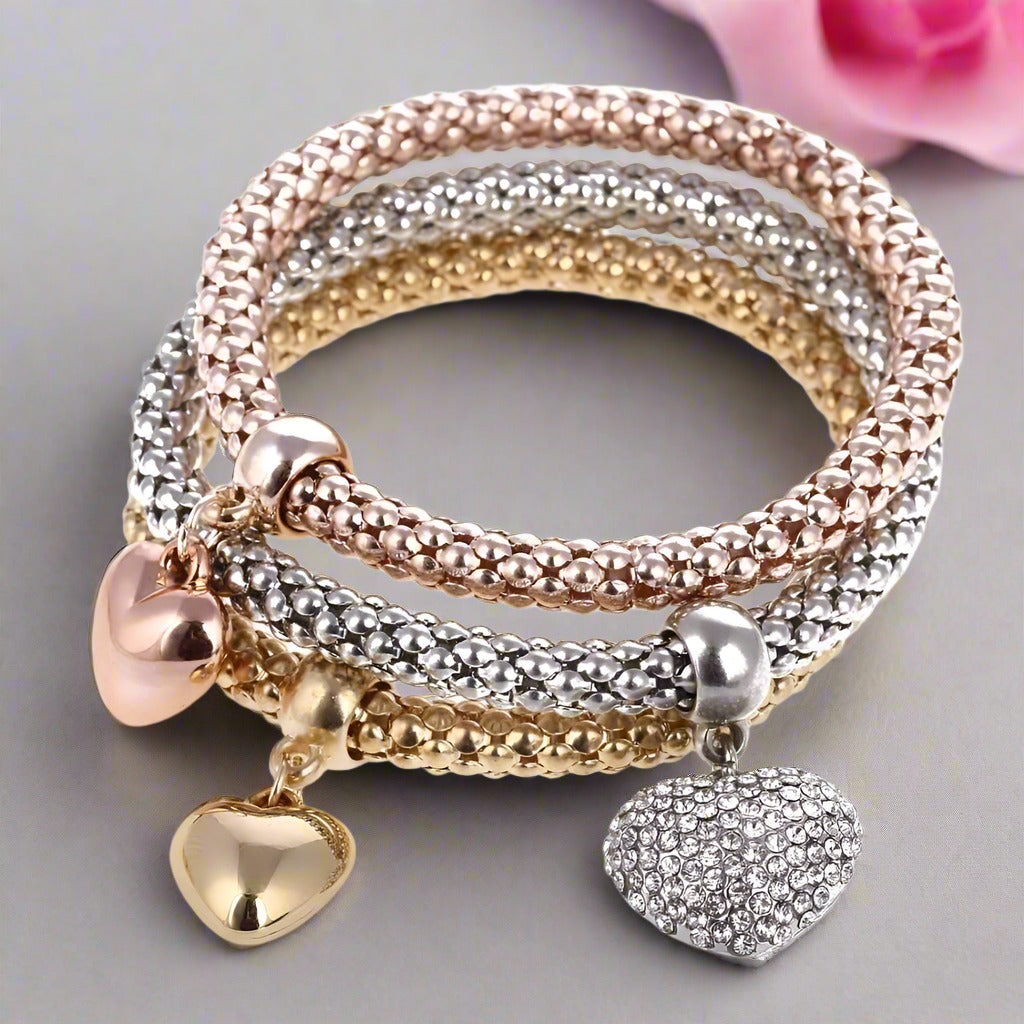 Tri-Color Austrian Crystal Heart Stretch Bracelet Set