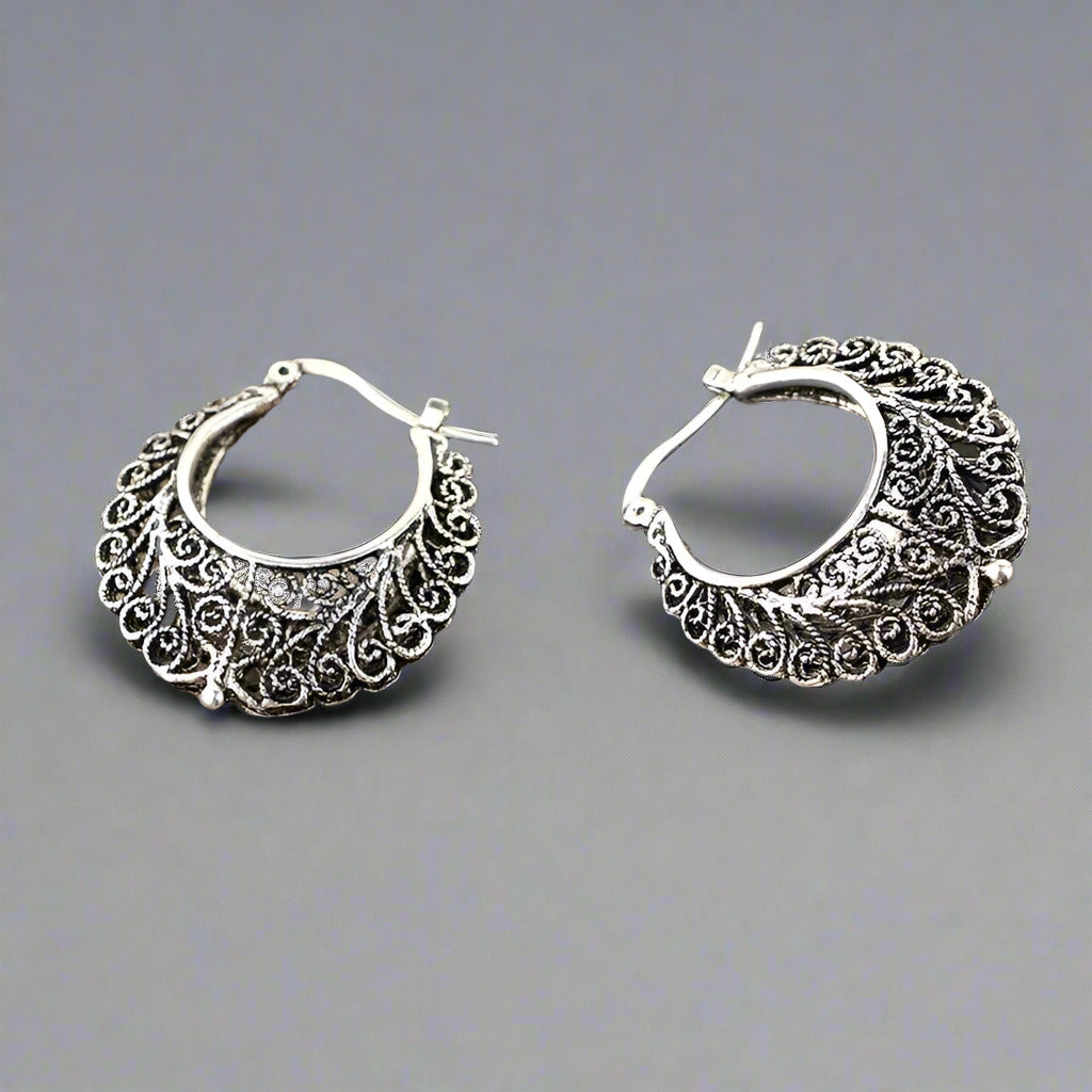 Large Black Patina Filigree Hoop Earrings for Women
