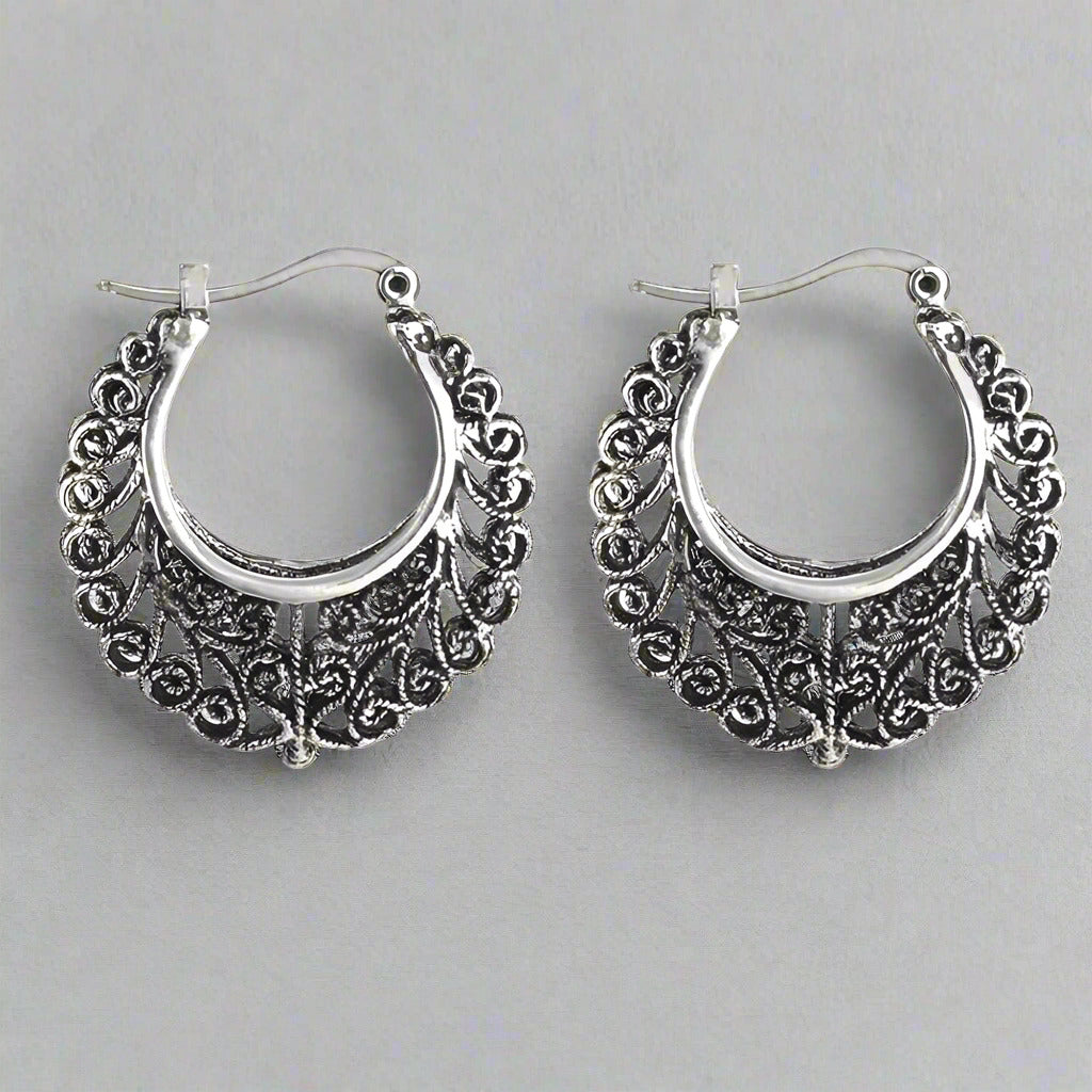 Large Black Patina Filigree Hoop Earrings for Women