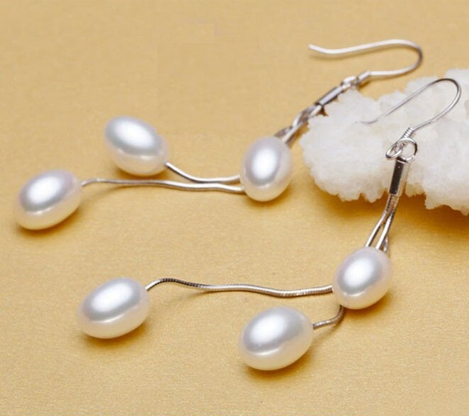 White Triple Genuine Freshwater Pearl Sterling Silver Tassel Earrings for Women