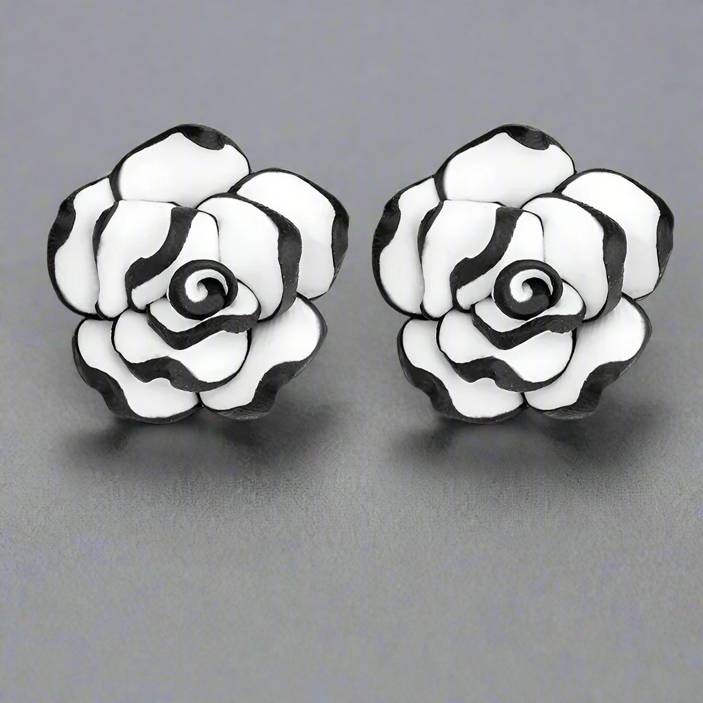 Black and White Rose Hand Crafted Clay Stud Earrings for Women 316 Steel Hypoallergenic