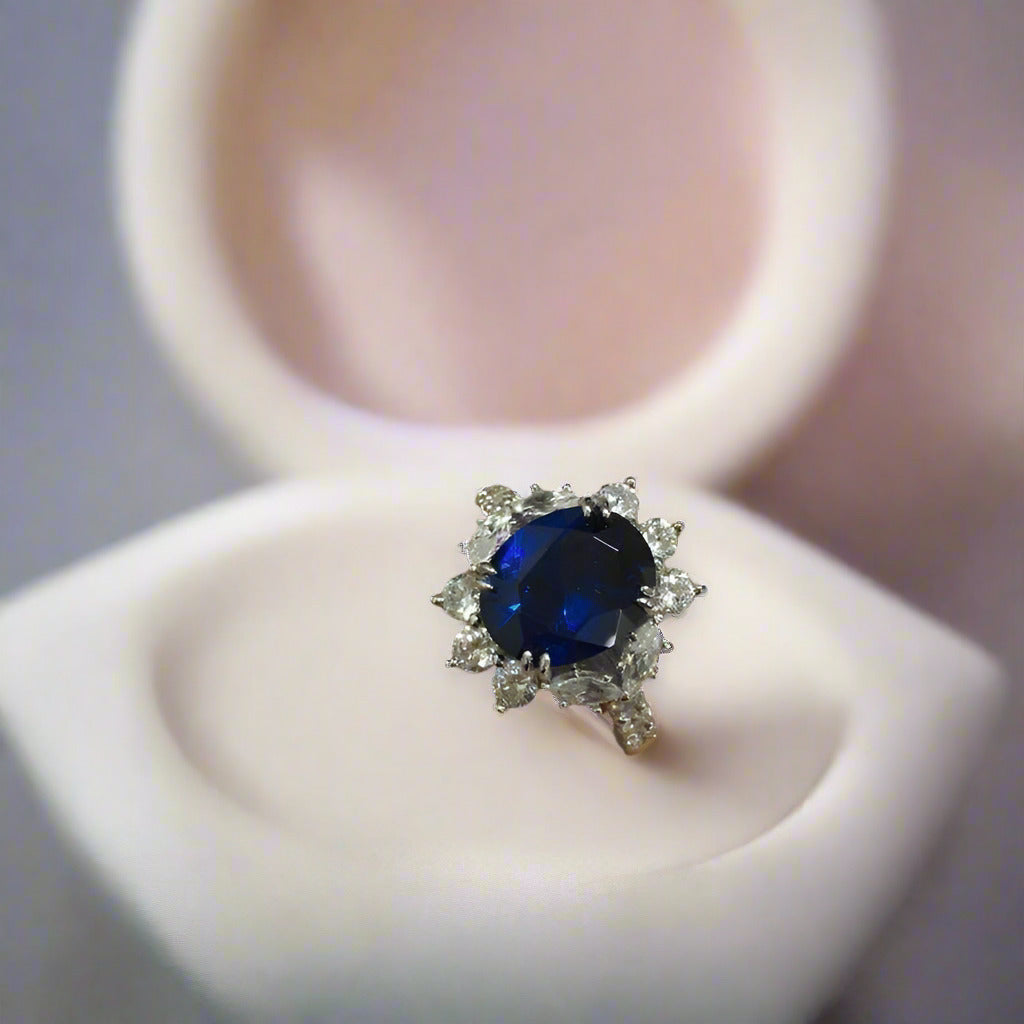 Coralie En Bleu 4CT Oval Floral Halo OB Simulated Diamond Ring for Women Bridal Engagement Wedding Anniversary Gift