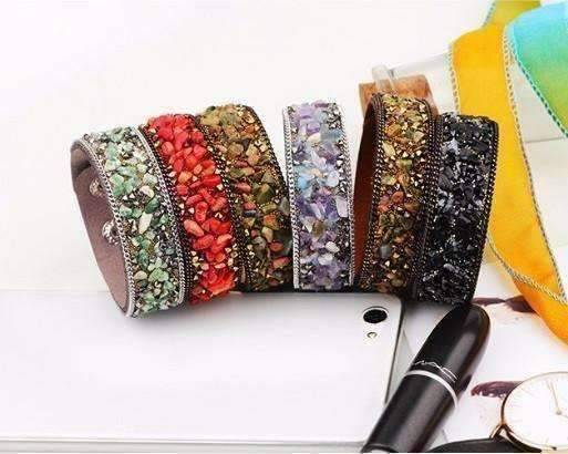 Feshionn IOBI bracelets Black ON SALE - Treasure Gemstone Encrusted Sueded Leather Wrap Bracelet ~ Six Earthy Colors
