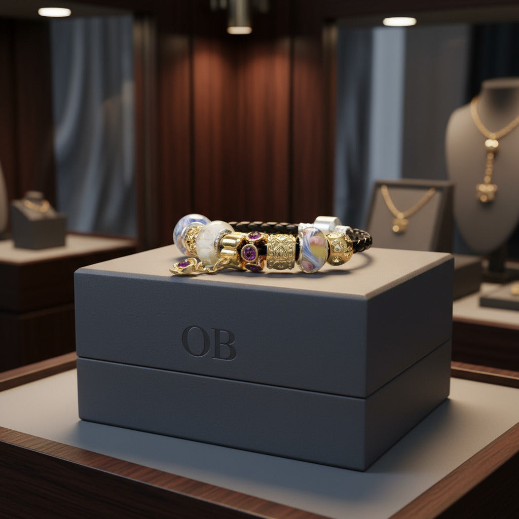 Feshionn IOBI bracelets Gold and Glass Black Leather Braid Bracelet