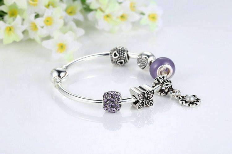 Feshionn IOBI bracelets "Meadow" Purple Butterfly & Hearts Silver Bangle Bracelet