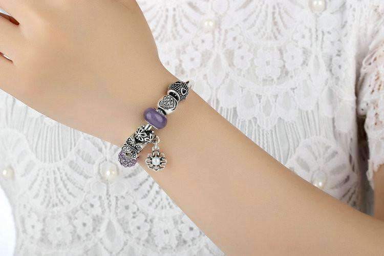 Feshionn IOBI bracelets "Meadow" Purple Butterfly & Hearts Silver Bangle Bracelet