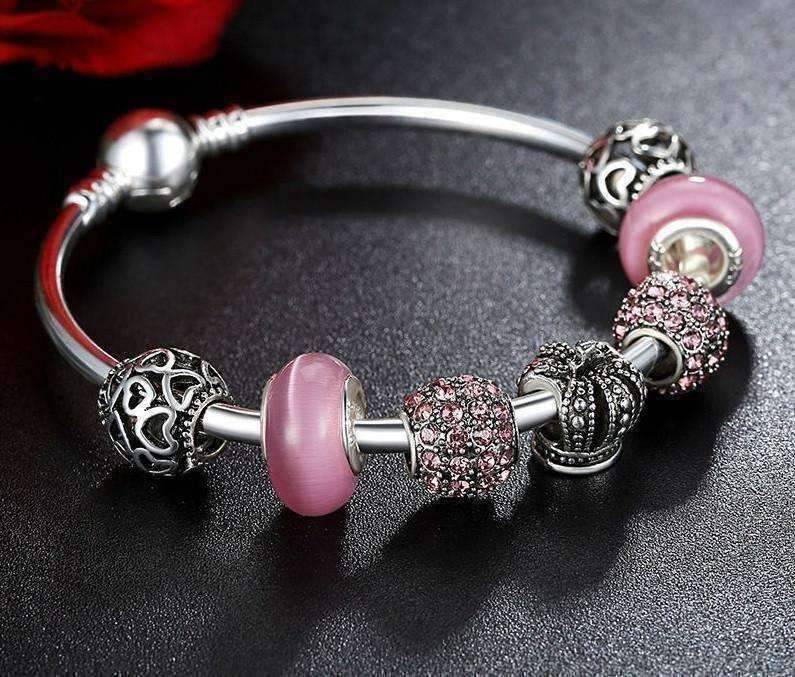 Feshionn IOBI bracelets Queen of Hearts Pink Crystal Silver Bangle Bracelet