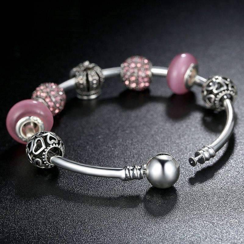 Feshionn IOBI bracelets Queen of Hearts Pink Crystal Silver Bangle Bracelet