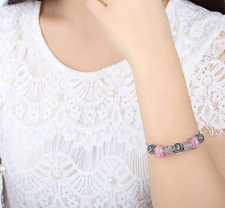 Feshionn IOBI bracelets Queen of Hearts Pink Crystal Silver Bangle Bracelet