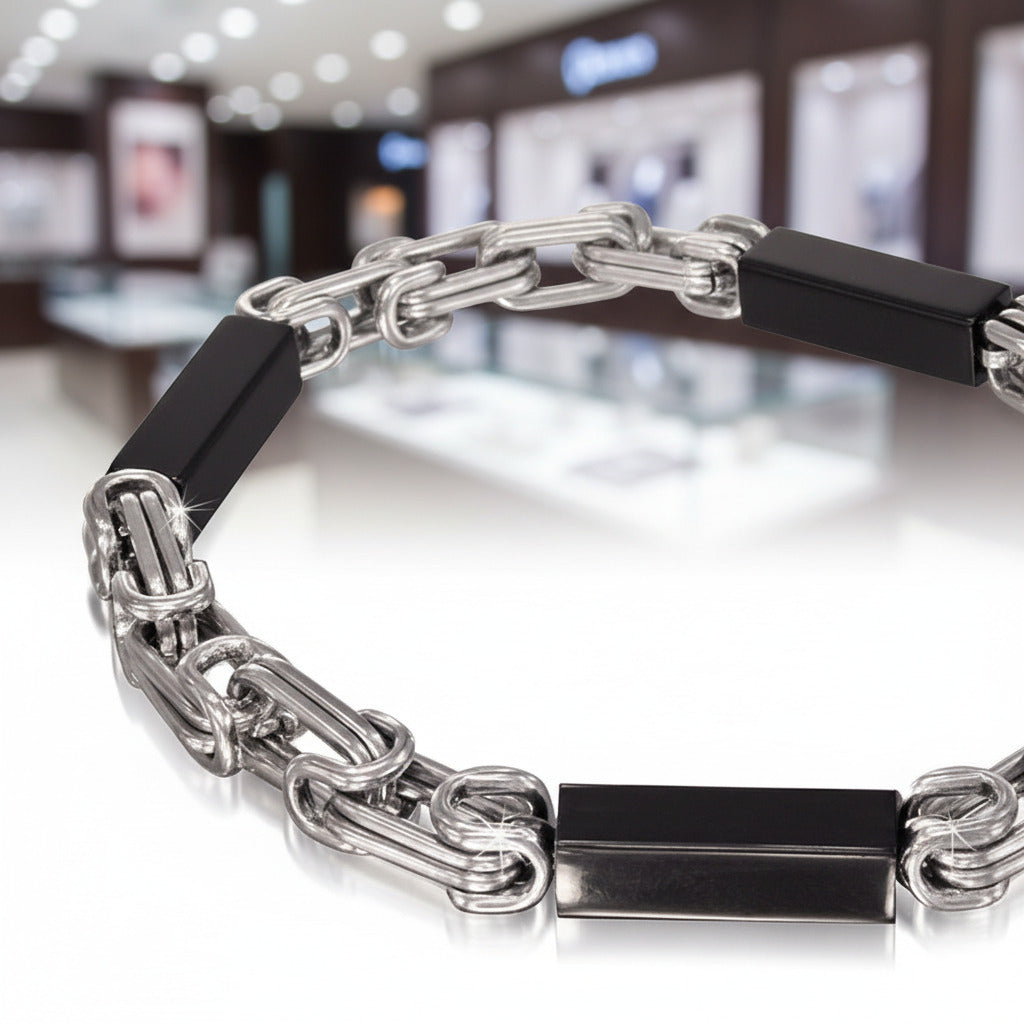 Feshionn IOBI bracelets Sleek Mechanic's Link Black & Stainless Steel Men's Bracelet