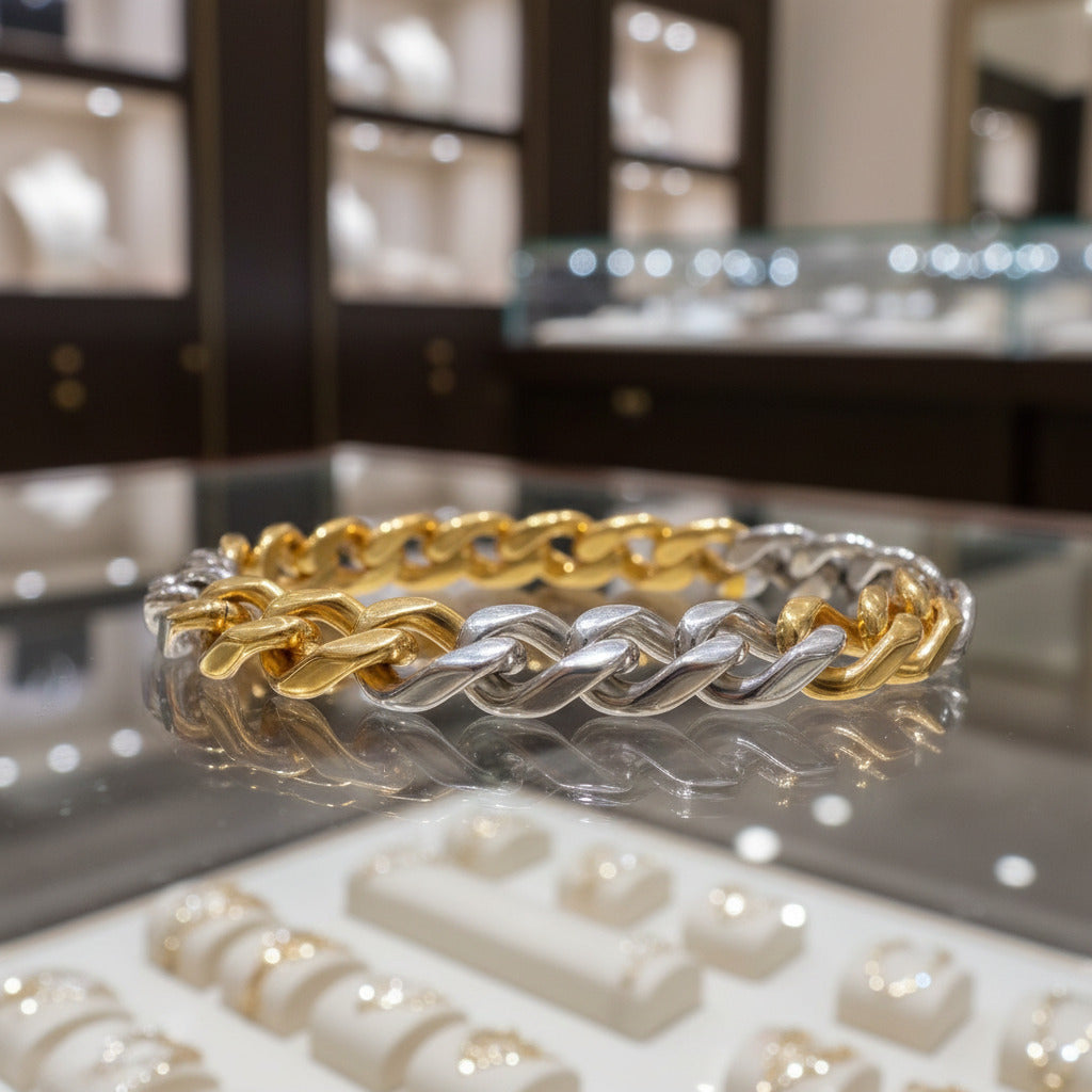 Feshionn IOBI bracelets Thin Cuban Link Two Tone Stainless Steel Men's Bracelet - Three Sizes Available