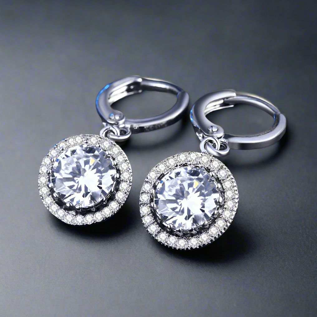 Feshionn IOBI Earrings 18K White Gold Plated Glorious Halo 2.4CTW Swiss CZ Drop Hoop Earrings