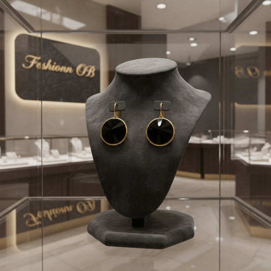 Feshionn IOBI Earrings black Obsidian Black Dome Austrian Crystal Leverback Earrings