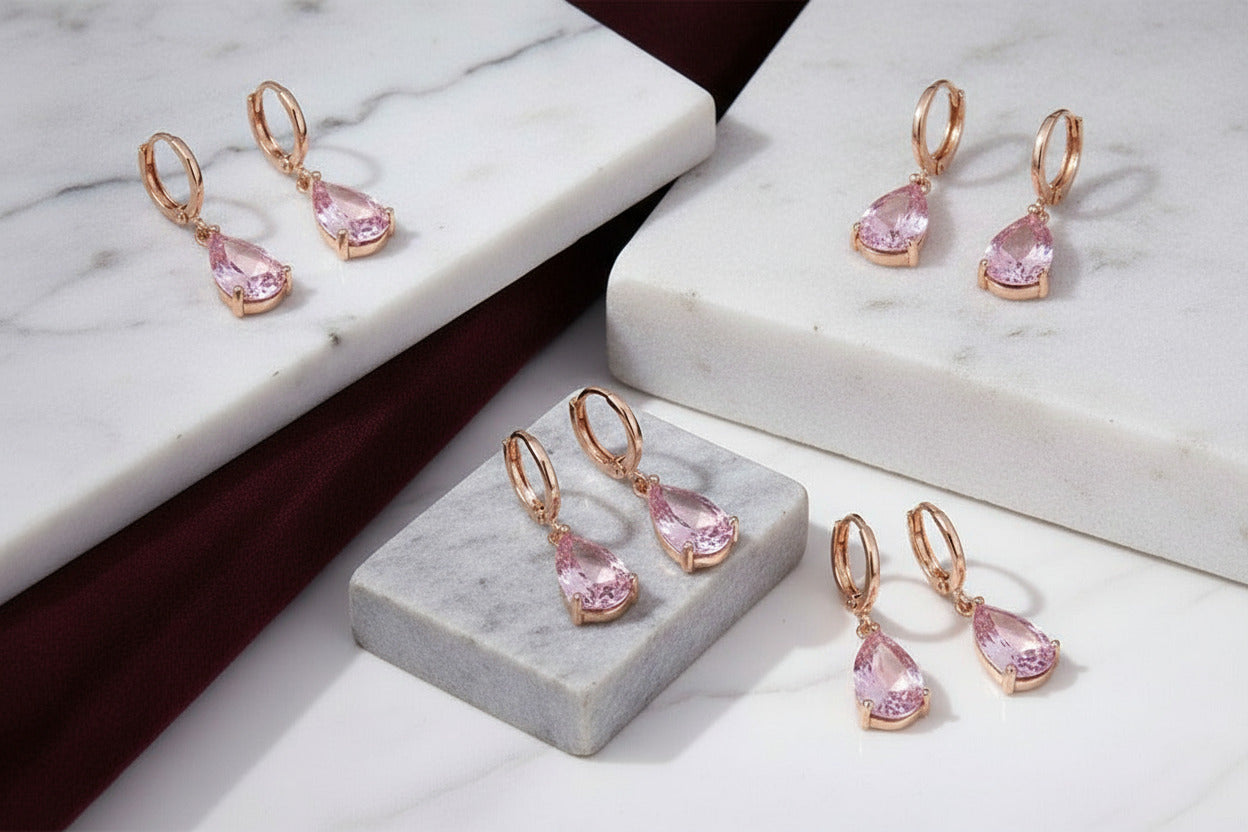 Feshionn IOBI Earrings Blushing Pink on Yellow gold plating ON SALE - Raindrop Diamond Dust Infused Dangling Earrings in Diamond White or Blushing Pink