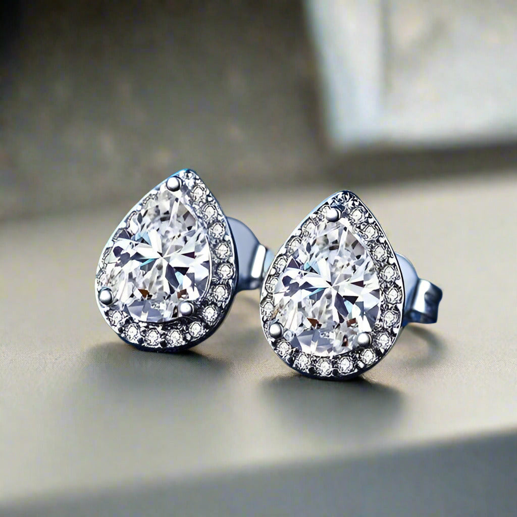 Feshionn IOBI Earrings Diamond White Infused 1CT Austrian Crystal Pear Stud Earrings
