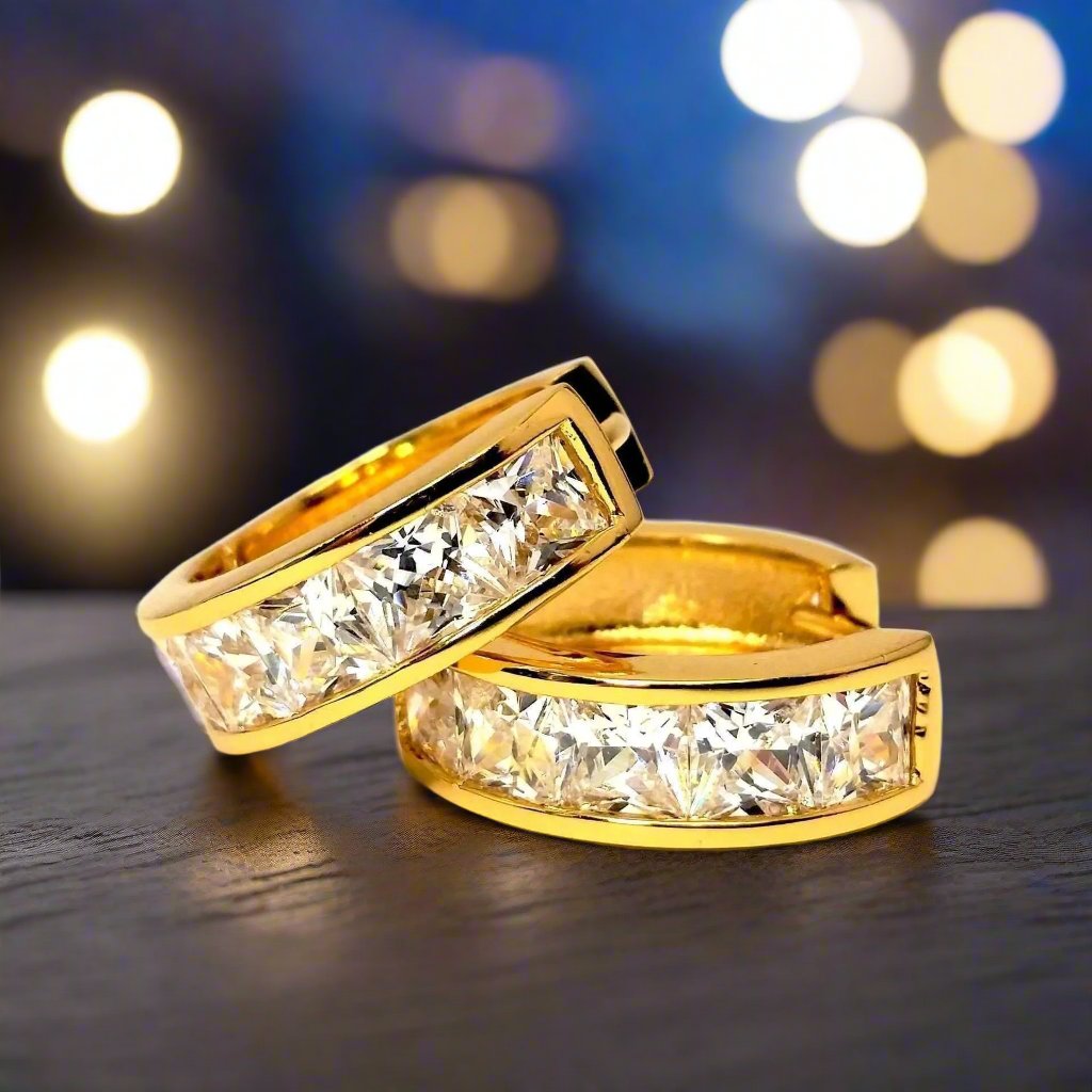 Feshionn IOBI Earrings Gold Princess Cut IOBI Crystals Huggie Earrings
