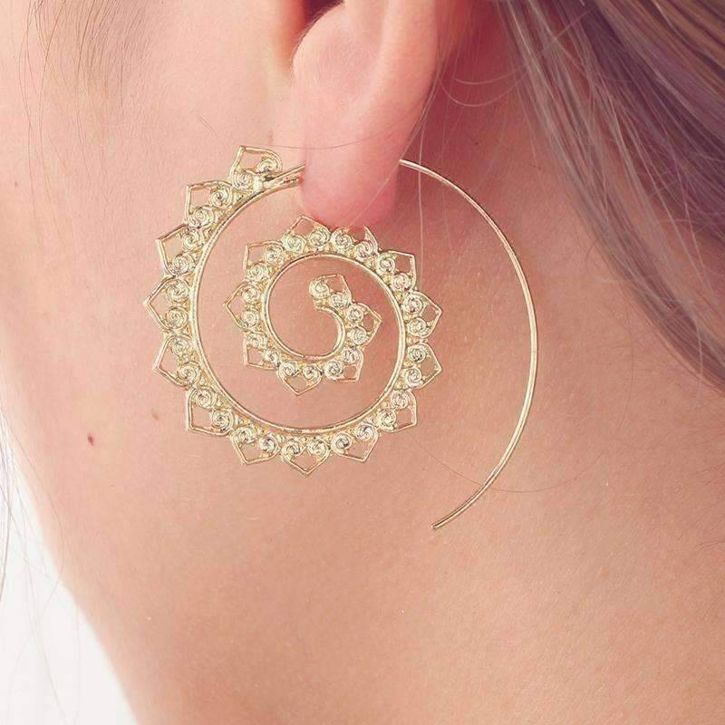 Feshionn IOBI Earrings Gold Tone Eternal Ornate Spiral Hoop Earrings in Silver or Gold Tone