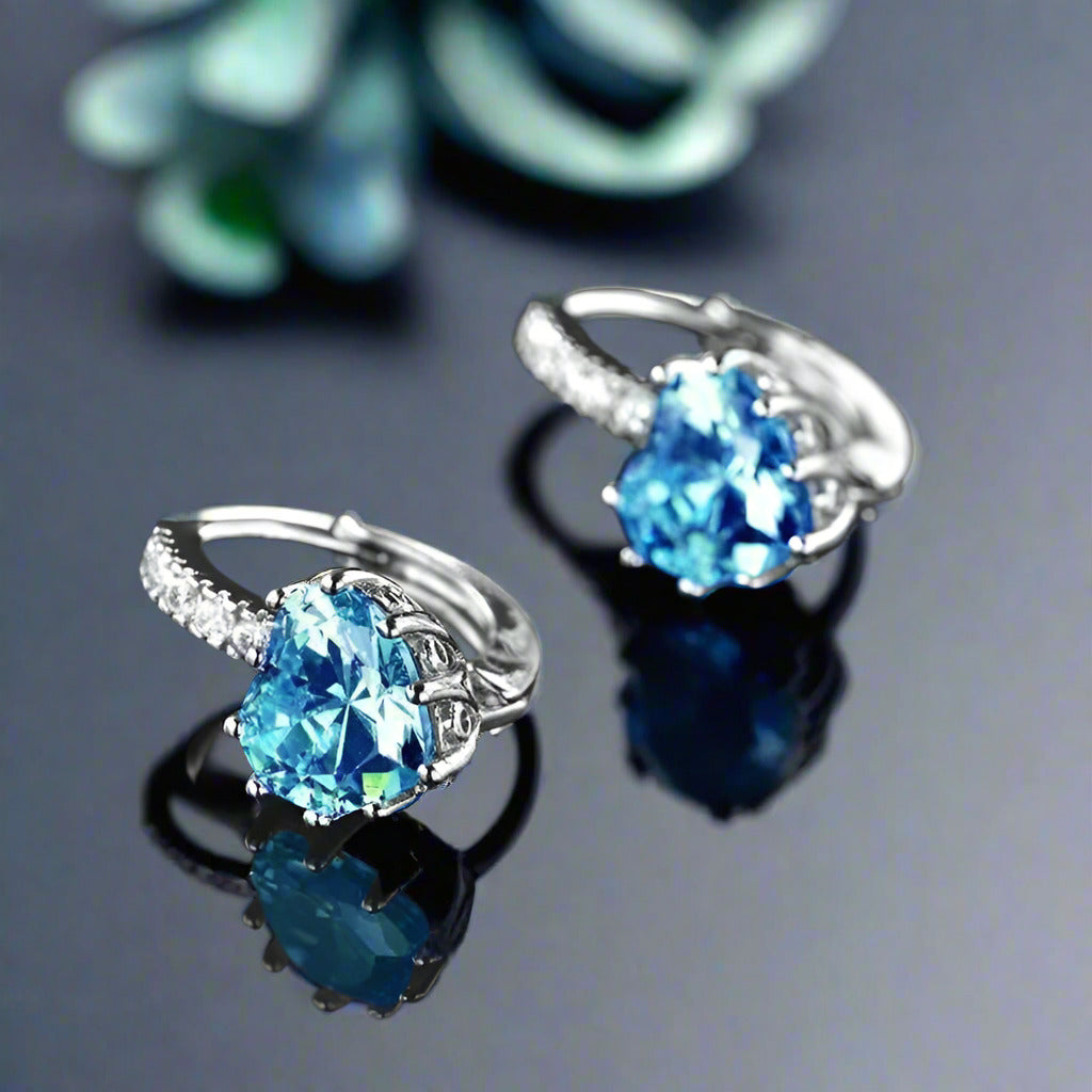 Feshionn IOBI Earrings Heart Shaped Island Blue Diamond CZ Solitaire Hoop Earrings