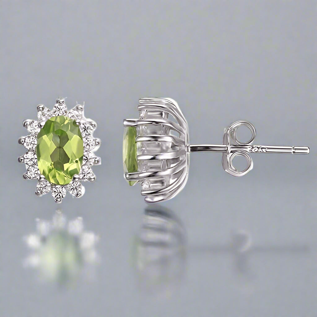 Feshionn IOBI Earrings Milan Green Halo Oval Cut 1CTW Genuine Peridot IOBI Precious Gems Earrings