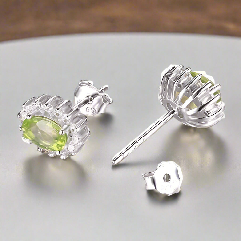 Feshionn IOBI Earrings Milan Green Halo Oval Cut 1CTW Genuine Peridot IOBI Precious Gems Earrings