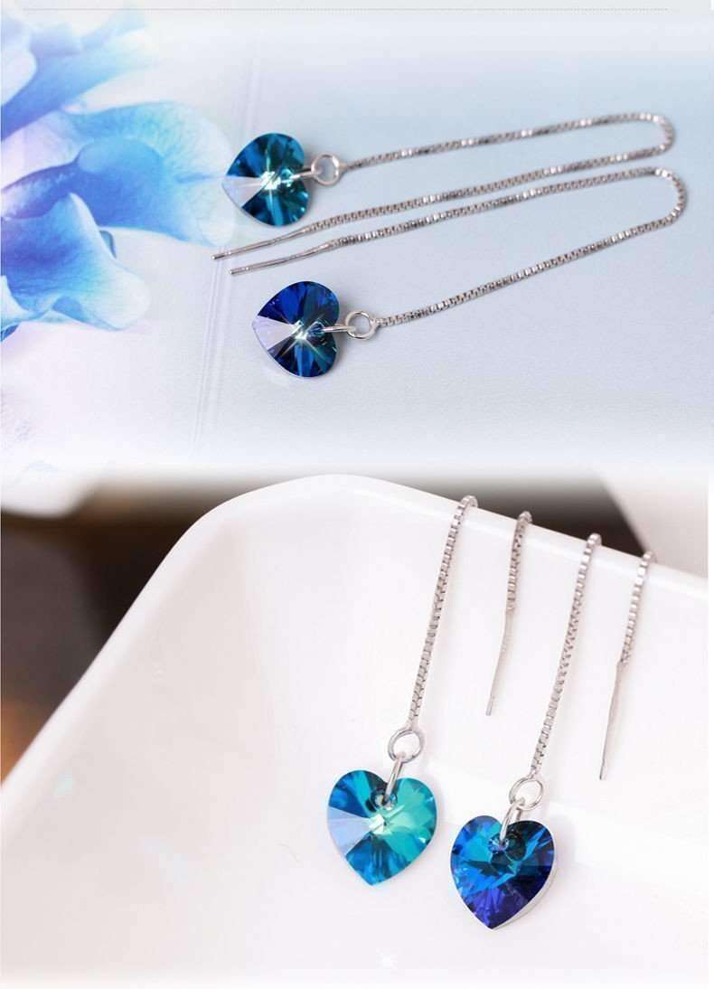 Feshionn IOBI Earrings ON SALE - Aqua Blue Austrian Crystal Heart Silver Thread Earrings