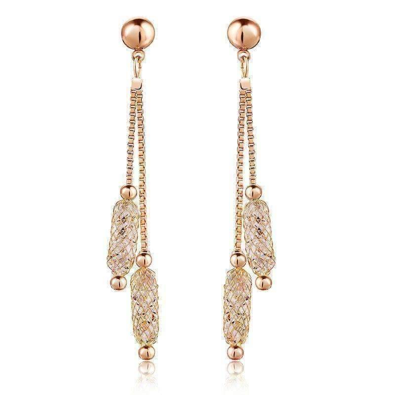 Feshionn IOBI Earrings Rose Gold Glistening Stardust Crystals Rose Gold Or Yellow Gold Dual Dangling Chain Drop Earrings