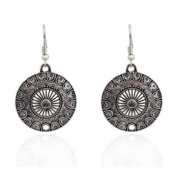 Feshionn IOBI Earrings Round Roman Stamped Medallion Silver Hook Earrings