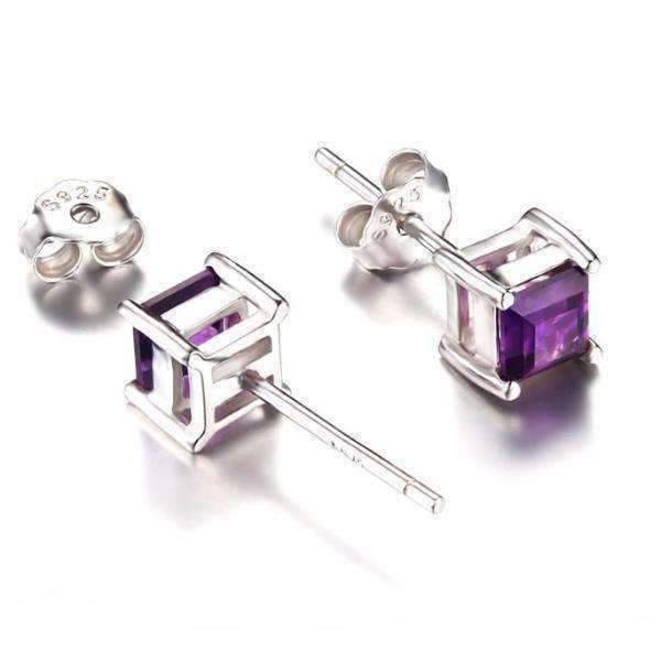 Feshionn IOBI Earrings Royal Purple Princess Cut 0.5 CT Genuine Amethyst IOBI Precious Gems Stud Earrings