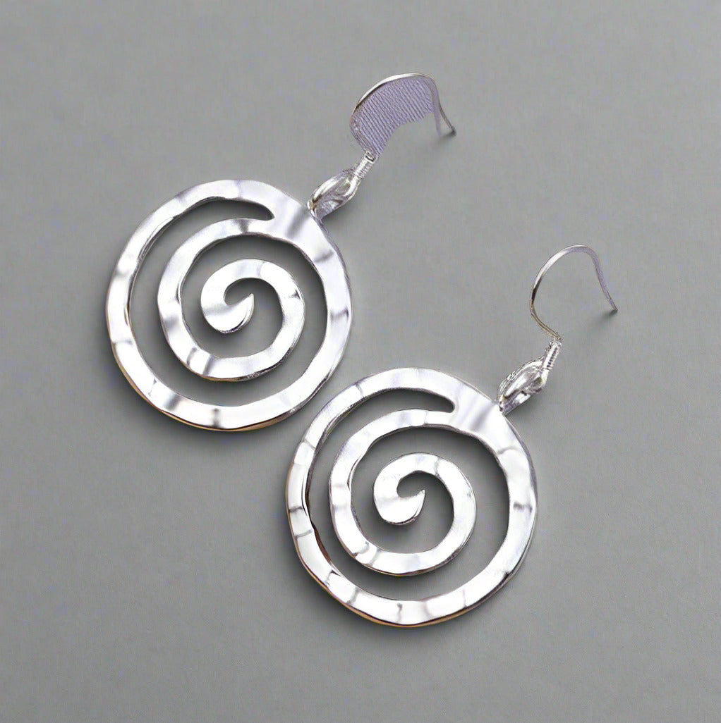 Feshionn IOBI Earrings Silver Hammered Spiral Sterling Silver Hook Earrings