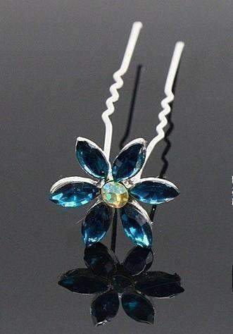 Feshionn IOBI Hair Jewelry Aqua / 1 Fun Flowers Crystal and Rhinestone Silver Plated Hair Pins