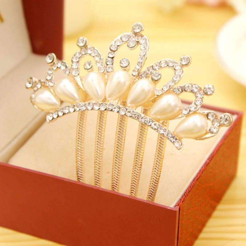 Feshionn IOBI Hair Jewelry Princess Pearl and Crystal Crown Gold Plated Hair Comb