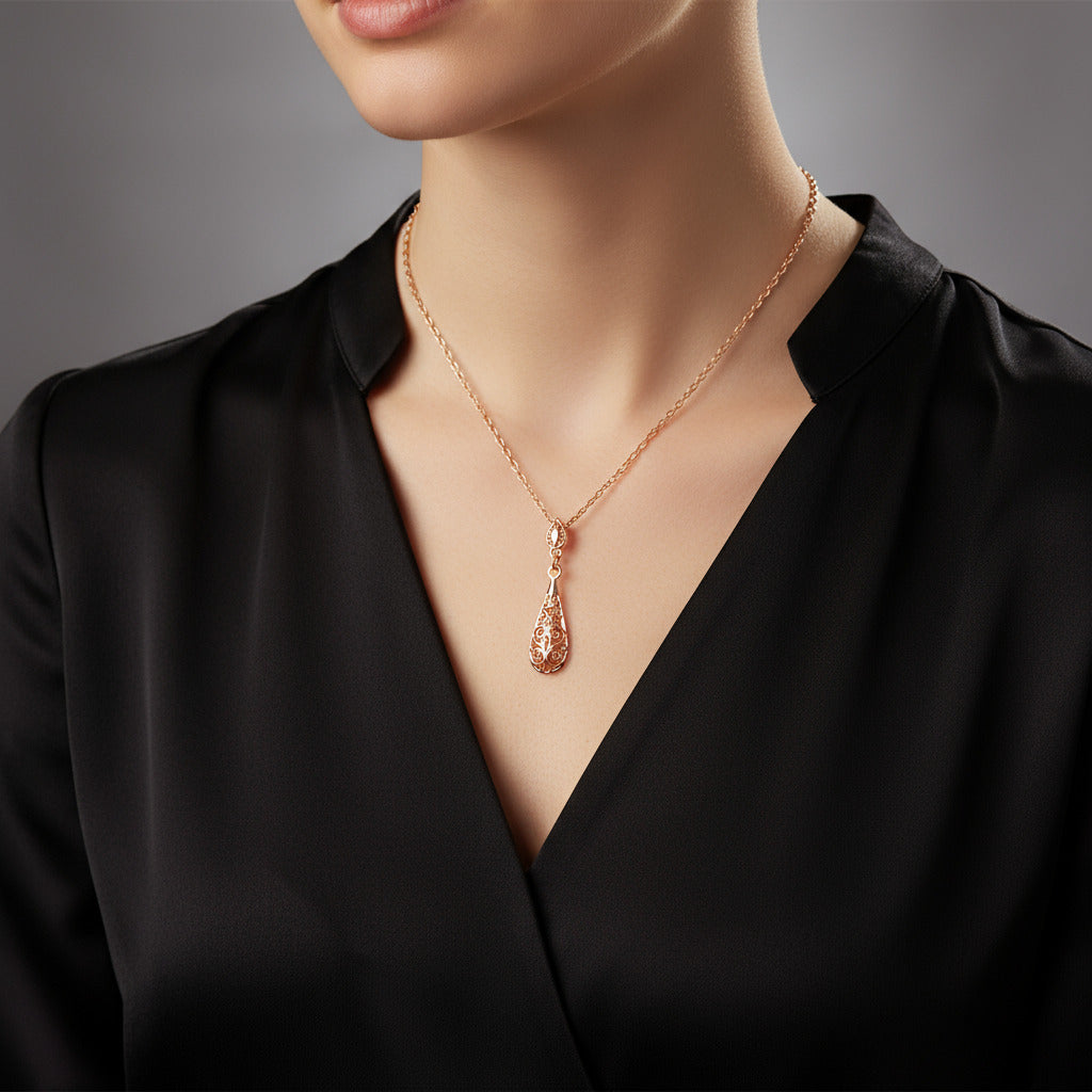 Feshionn IOBI Necklaces Arabesque Filigree Puff Teardrop Necklace