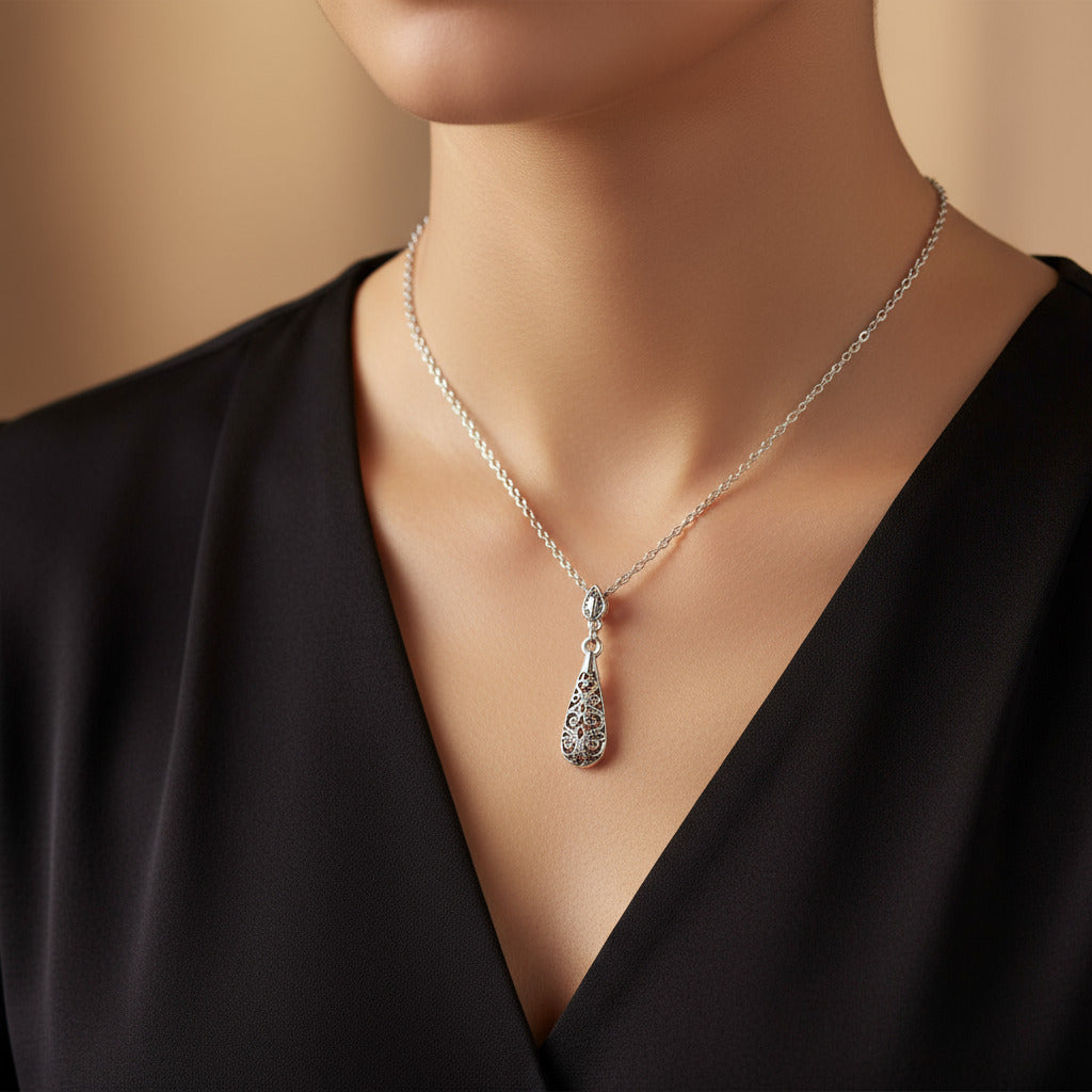 Feshionn IOBI Necklaces Arabesque Filigree Puff Teardrop Necklace