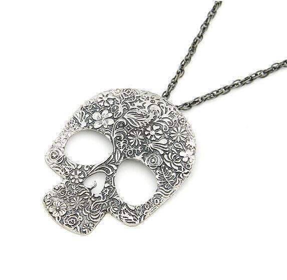 Feshionn IOBI Necklaces Blossoming Skull Floral Etched Necklace