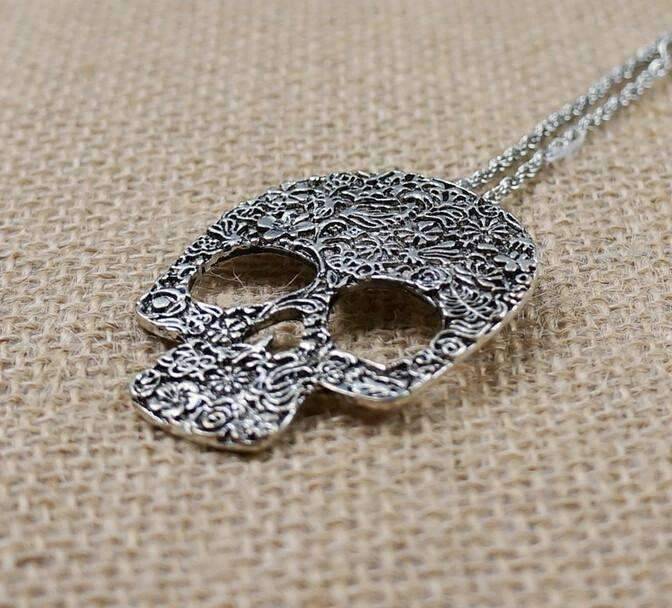 Feshionn IOBI Necklaces Blossoming Skull Floral Etched Necklace
