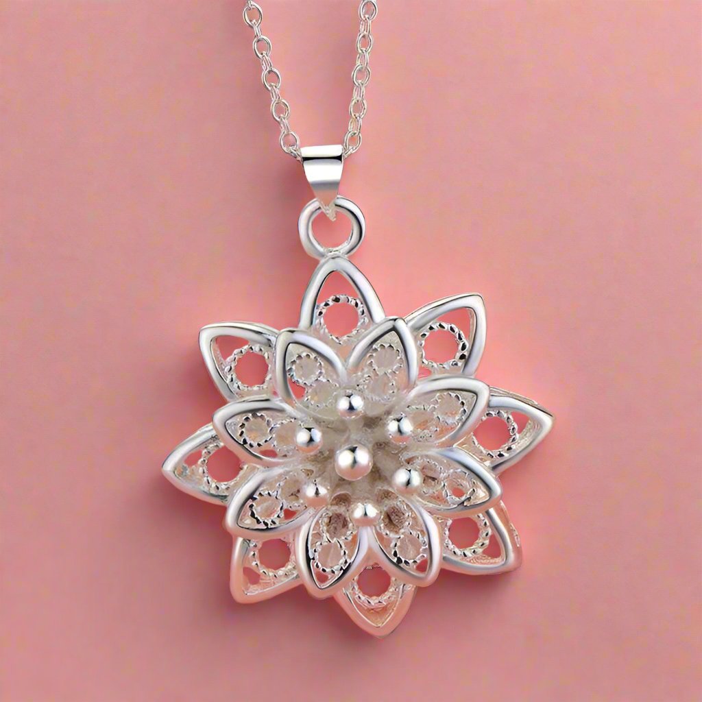 Feshionn IOBI Necklaces Large Sacred Lotus Flower Silver Necklace