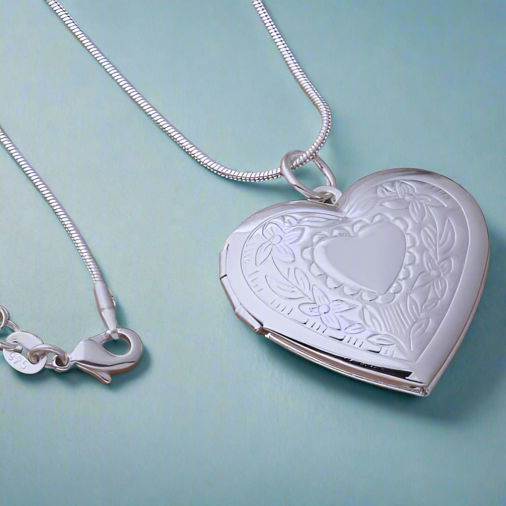 Feshionn IOBI Necklaces ON SALE - Floral Design Stamped Sterling Silver Heart Locket Necklace