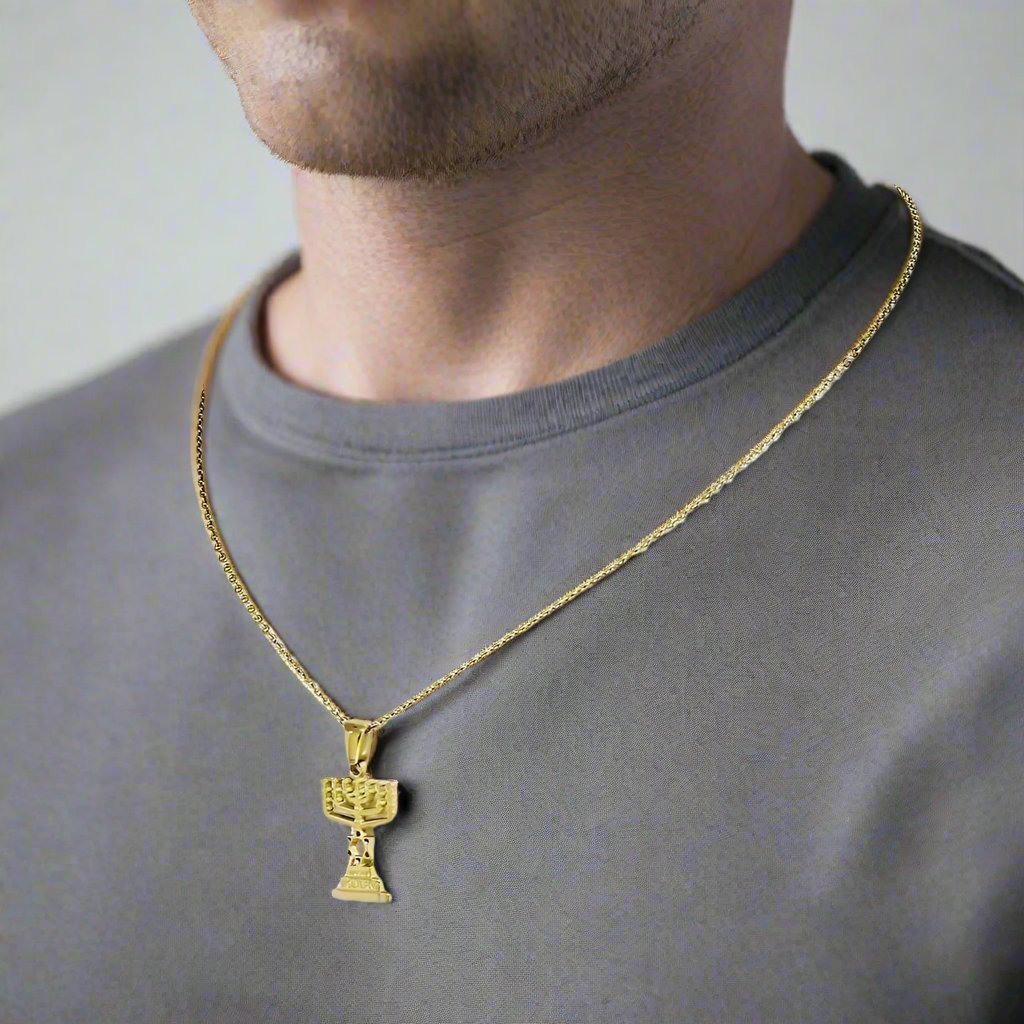 Feshionn IOBI Necklaces Star of David Menorah Pendant and Necklace in Gold Plated Stainless Steel