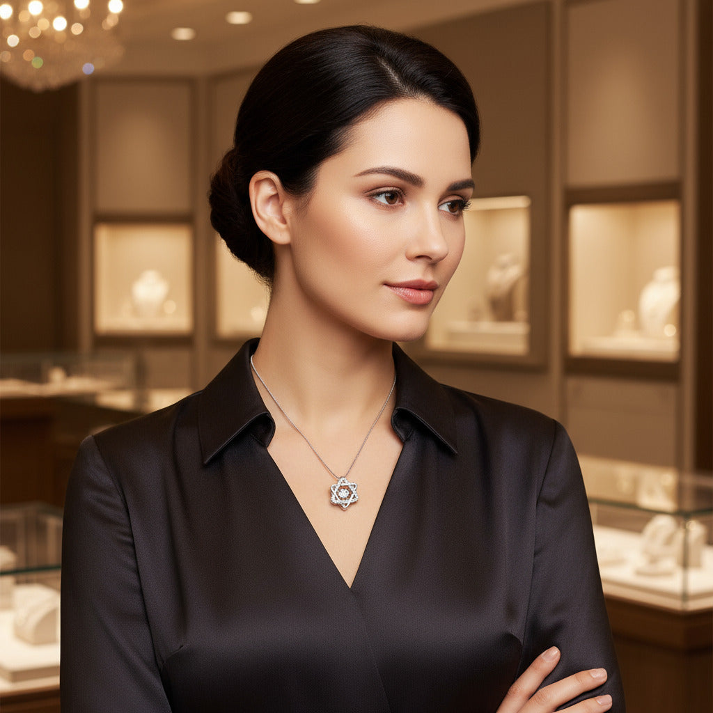 Feshionn IOBI Necklaces Star of David With Swivel Crystal Sterling Silver Pendant Necklace