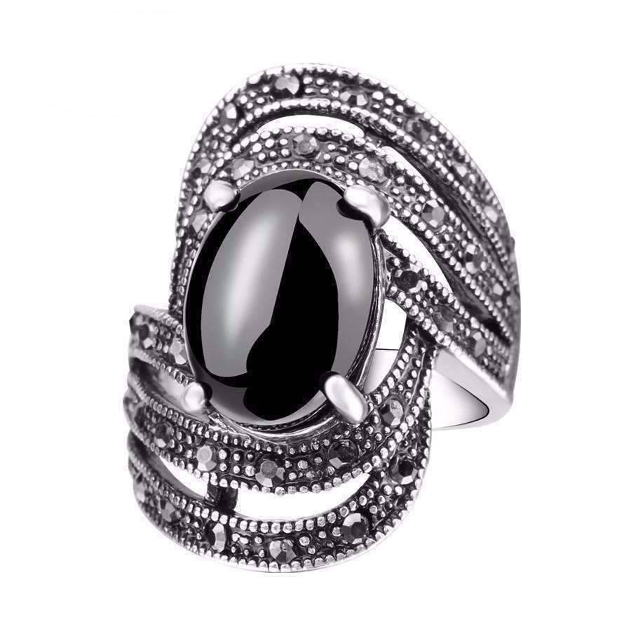 Feshionn IOBI Rings 6.5 / Black Tournée Oval Cabochon and Black Marcasite Crystal Ring